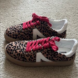NWOT MIA Leopard Suede Sneakers with red laces and off white extra laces